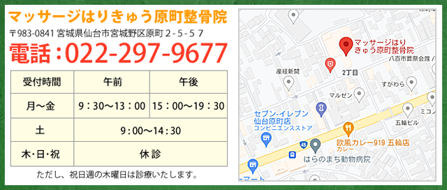 マッサージはりきゅうさいたま原町整骨院は〒983-0841宮城県仙台市宮城野区原町2-5-57電話:022-297-9677